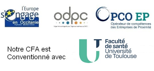 Logos de nos partenaires : l'Europe s'engage, ODPC, PCO EP, Notre CFA conventionné avec la Faculté de santé - Université de Toulouse